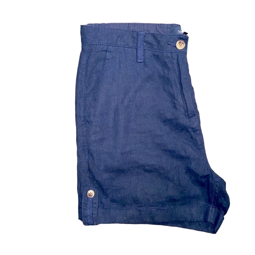 100% Linen Shorts Dark Navy Blue High Rise Cuffed - Picture 4 of 4
